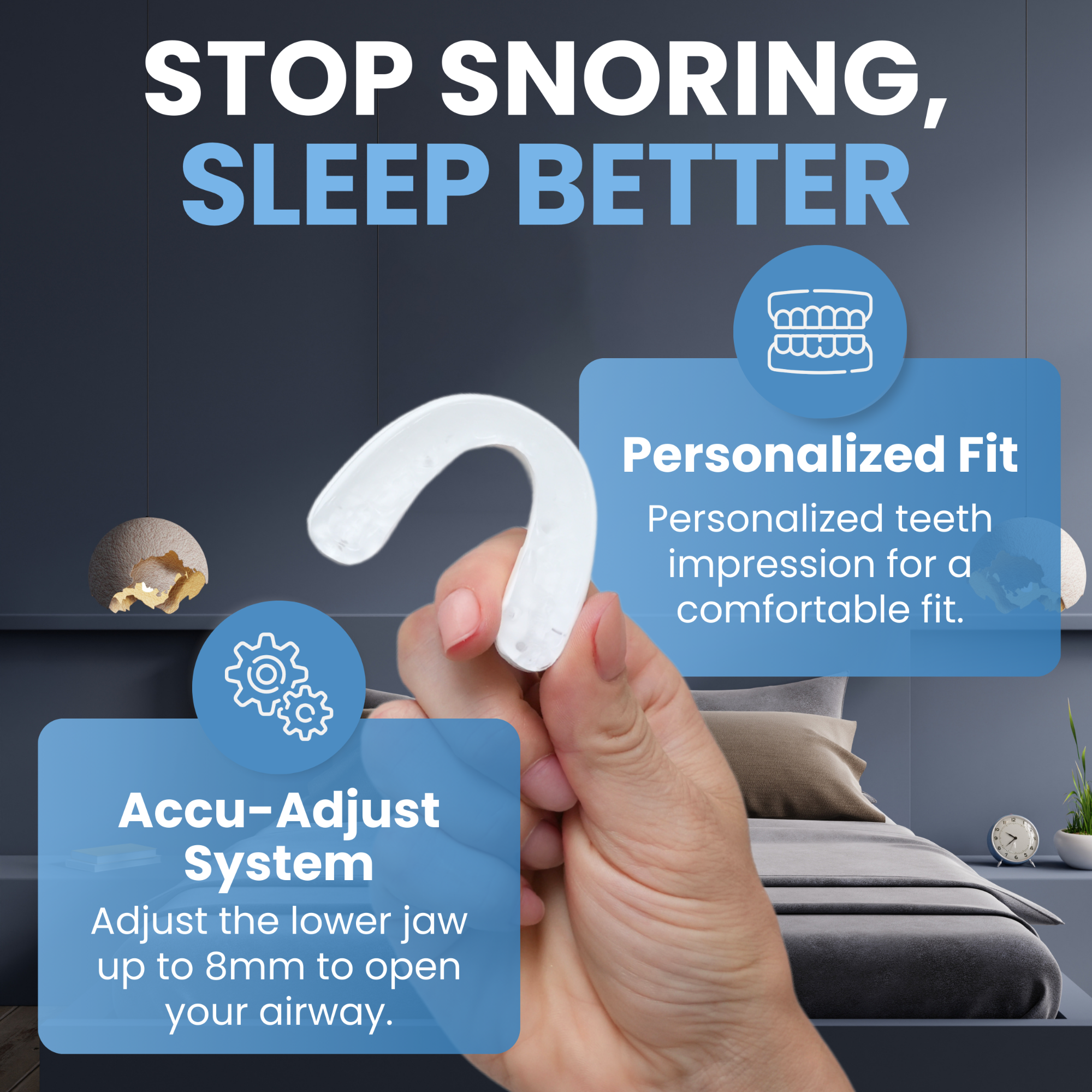 2 snore guards being held infront of light blue background
