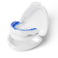 A white dental mouthpiece with blue accents shown inside its open white storage case on a clean white background.