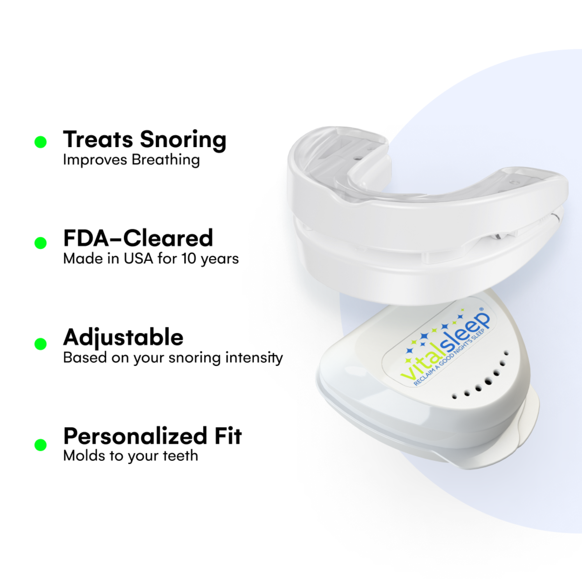 White snoring device dental device with 'VitalSleep' branding on a white background, featuring text about its features.