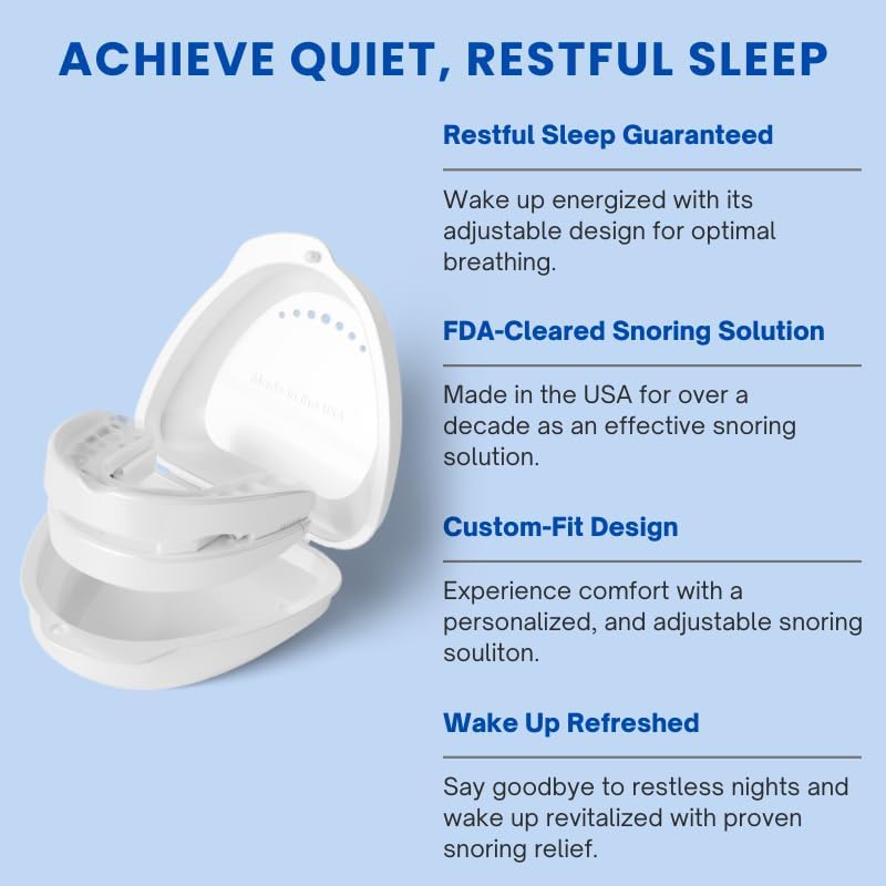 Snoring solution device with text highlighting features on a blue background
