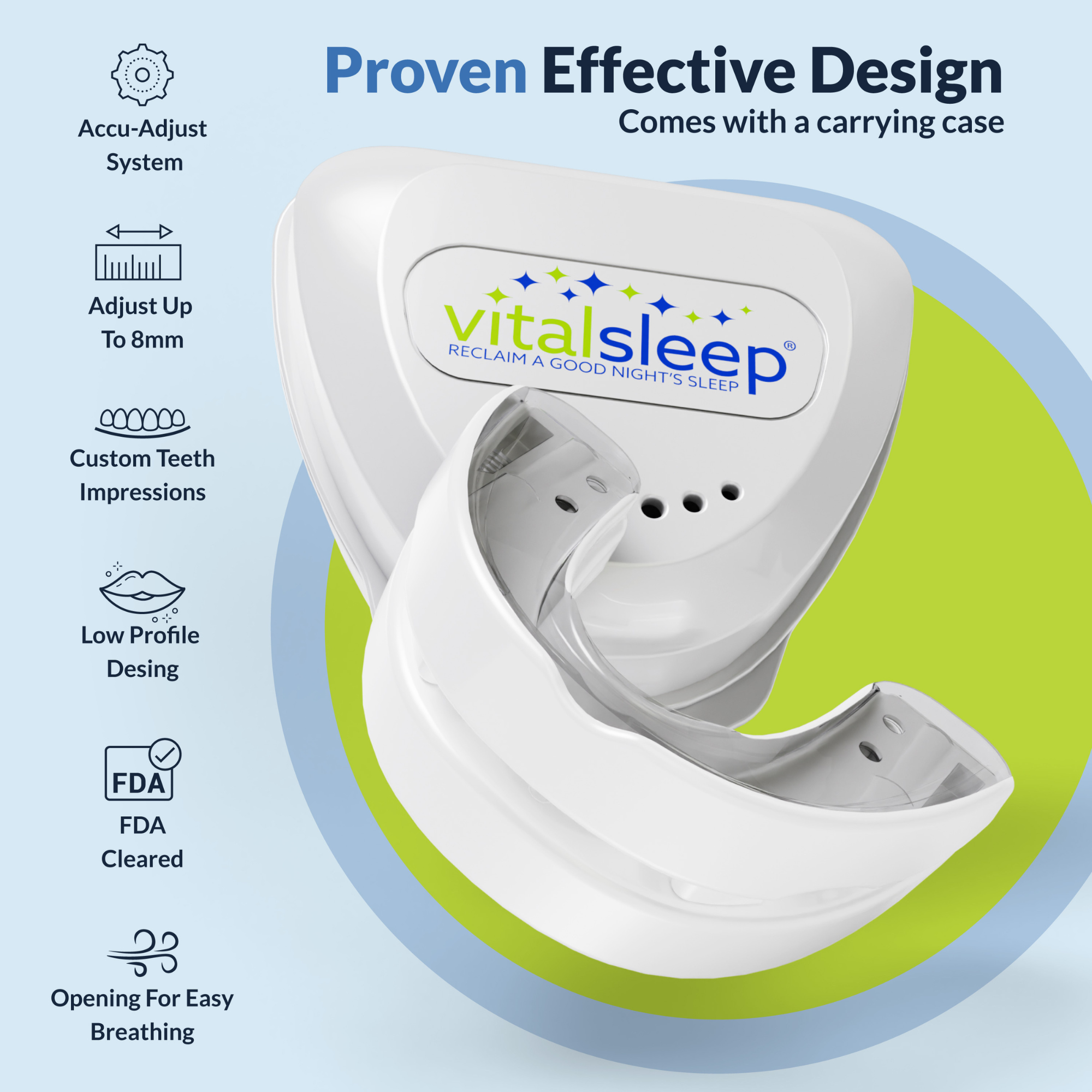 VitalSleep device with features listed on a blue and green background