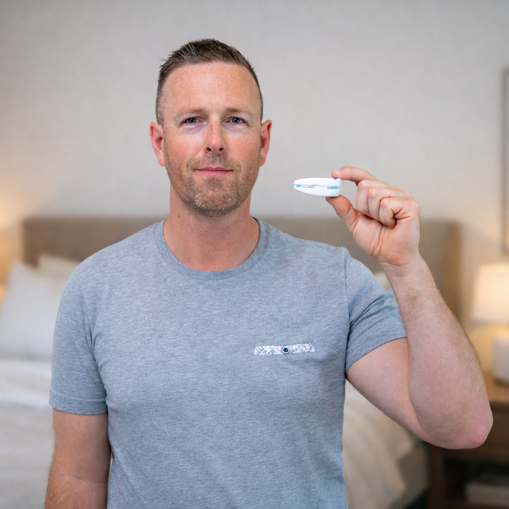Man holding an adjustable mouthpiece designed to reduce snoring