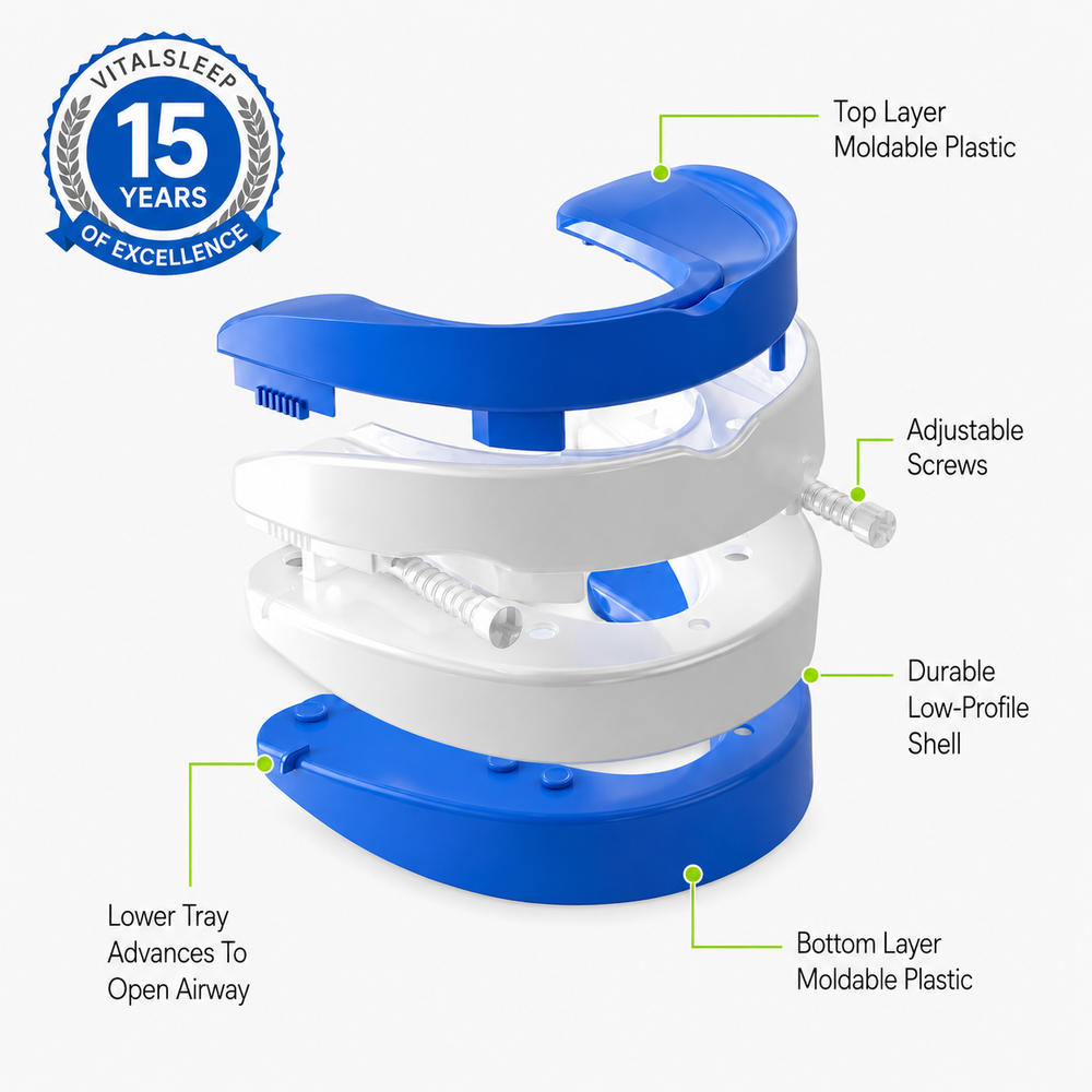 Moldable VitalSleep snore guard shown with its adjustment key