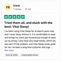 Product review for 'Vital Sleep' with a five-star rating and detailed text on a white background.