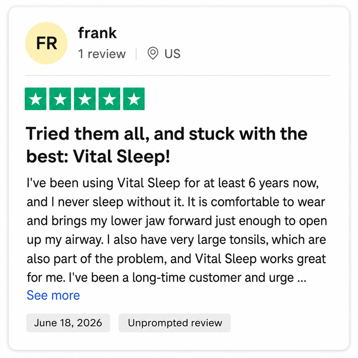 Product review for 'Vital Sleep' with a five-star rating and detailed text on a white background.