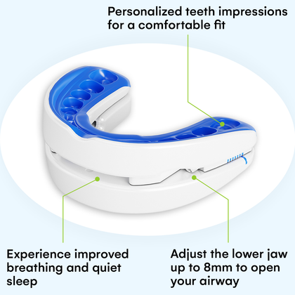 Adjustable snoring mouthpiece showing lower jaw advancement