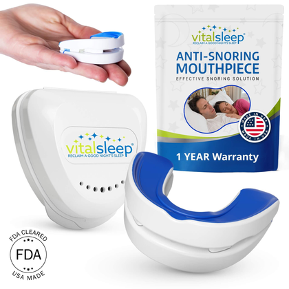Vitalsleep anti-snoring mouthpiece with packaging and FDA label on a white background