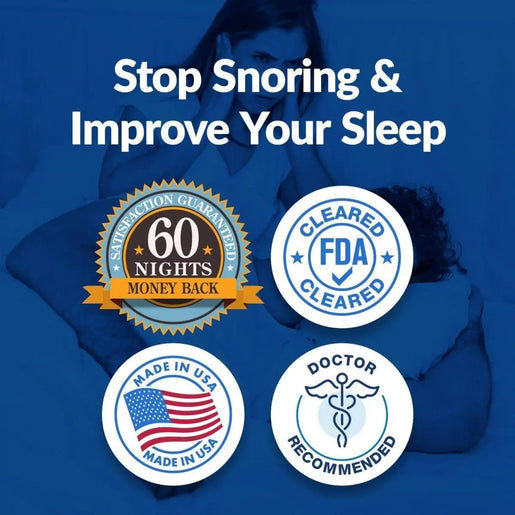 Product advertisement with text 'Stop Snoring & Improve Your Sleep' on a blue background.