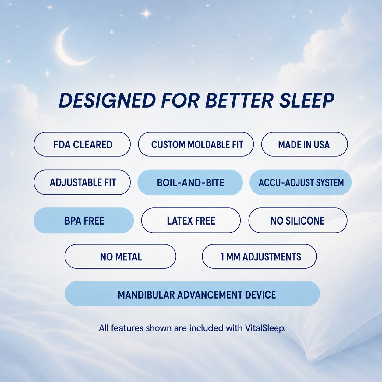 Adjustable anti-snoring mouthpiece features, including custom fit, BPA-free, and boil-and-bite design on a soft background.
